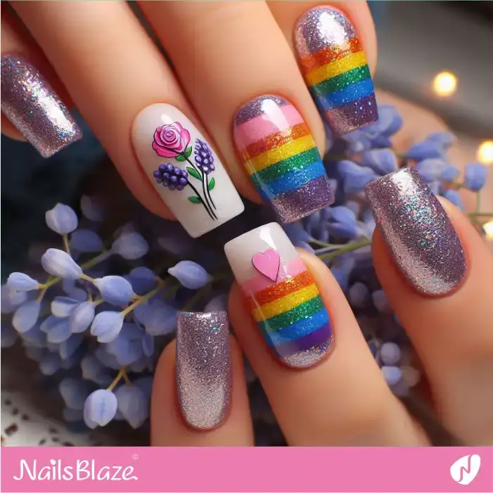 Glitter Rainbow Nails with Flowers | Pride | LGBTQIA2S+ Nails - NB2076
